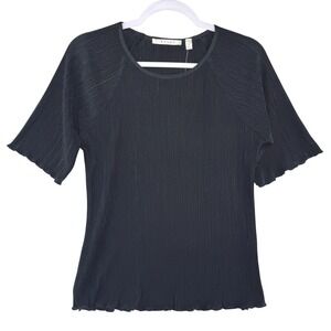 Cyrus Womens Black Micro Pleated Short Sleeve Top Lettuce Hem Crew Neck Size M